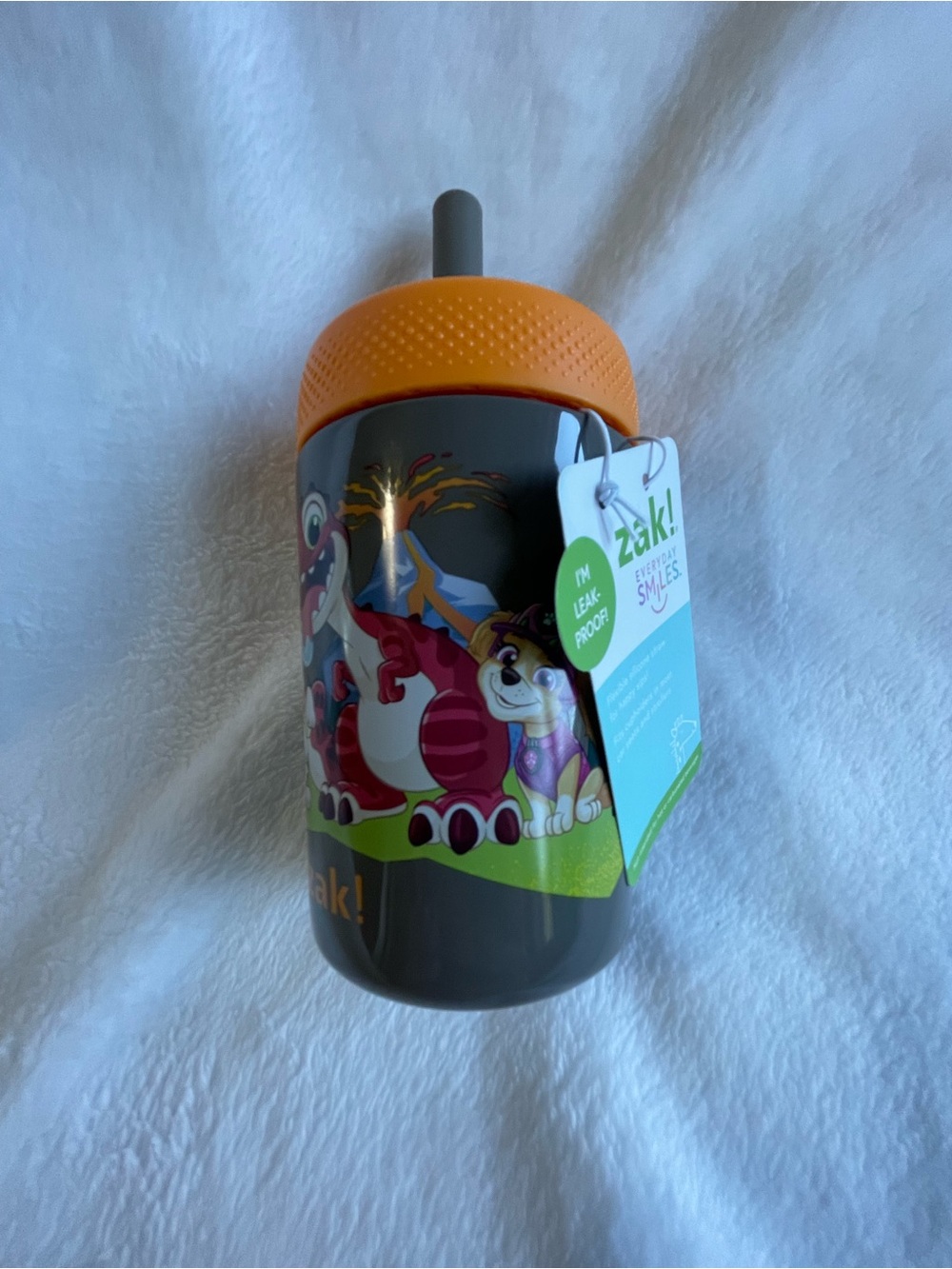 Zak! Kids Leak-Proof Orange and Gray Sippy Cup with Dino Print